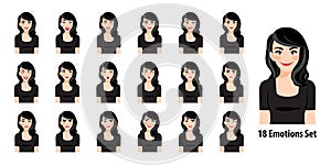 Beautiful lady in black dress with different facial expressions set vector illustration