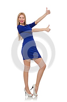 Beautiful lady in dark blue dress isolated on