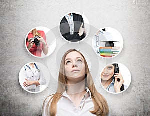 A beautiful lady in a formal shirt is thinking about different professions. Concrete background.