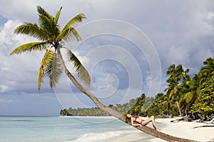 Beautiful lady is sitting on the palm tree at tropical beach