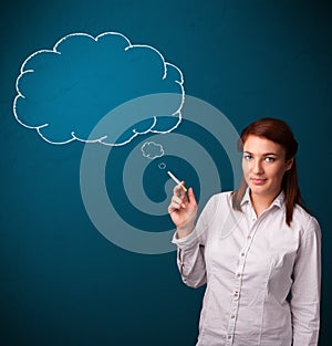 Beautiful lady smoking cigarette with idea cloud