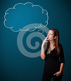 Beautiful lady smoking cigarette with idea cloud