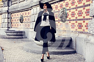 Beautiful ladylike woman in coat and felt hat posing at park