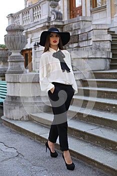 Beautiful ladylike woman wearing elegant clothes,posing at park