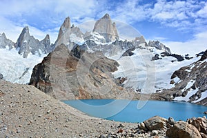 Beautiful lake and the Fitz Roy peak inside the Glaciares National Park, El ChaltÃÂ©n, Argentina photo