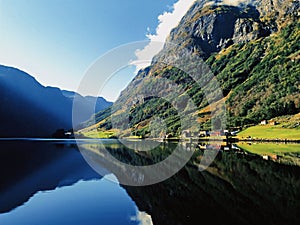 Beautiful lake with forested mountains reflected in the water