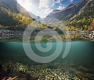 Beautiful lake between the green banks and mountains.