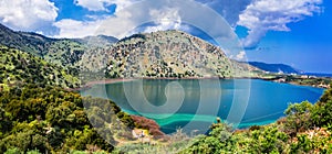 The beautiful Lake Kournas in Chania Crete . Greece