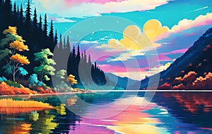 Beautiful Lake landscape design illustration. ai generated photo