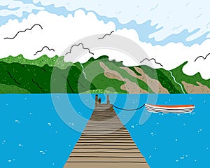 Beautiful lake landscape with wooden bridge, boat and green hill fjords, vector illustration