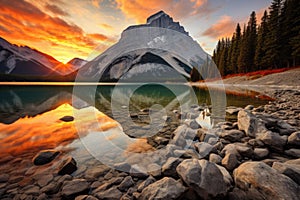 Beautiful Lake Louise, Banff National Park, Alberta, Canada, Sunrise reflects on an orange mountain at Lake Minnewanka in Banff