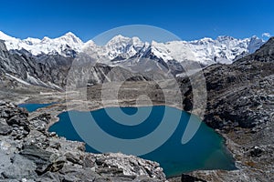 Beautiful lake with Makalu peak background, Kongma la pass, Ever