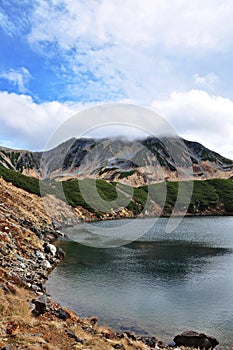 Beautiful lake with Mountain Tateyama covered by cloud in Murodo Tateyama photo