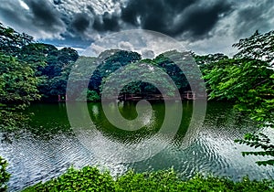 A beautiful lake in a park under the cloudy sky surround by beautiful tree