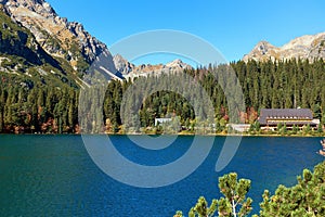 The beautiful lake  Poprad surrounded by peaks and pine forests in High Tatras National Park