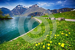 Beautiful lake promenade on lake Lucerne in Sisikon