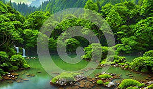 Beautiful Lake with rocks, waterfall and mountains, green forest, paradisiacal image, Generated by AI