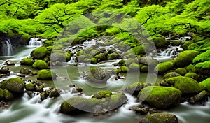 Beautiful Lake with rocks and waterfall, mountains , green forest, paradisiacal image, Generated by AI