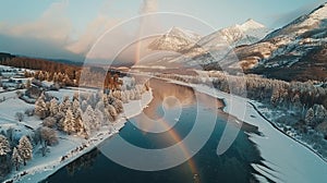 beautiful lake, snow-capped mountains, and rainbow landscape