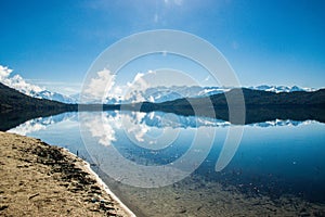 Beautiful Lake with Snowy Mountains Himalaya Rara Lake National Park Mugu Karnali Nepal Green Blue photo