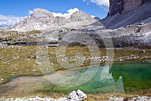 Dolomites Alps, Lake Three Merlons, South Tyrol, Italy photo