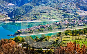 beautiful lake Turano and village Colle di tora. Rieti province, Italy photo