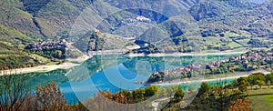 beautiful lake Turano and village Colle di tora. Rieti province, Italy