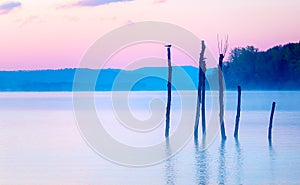 Beautiful lake view in mornig fog with trees and mystic mountains on the background in tender purple-blue tones, with