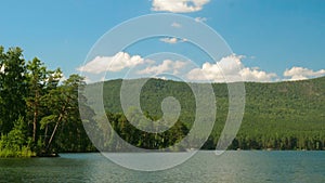 Beautiful lake view. Summer landscape with blue sky, trees and lake, timelapse