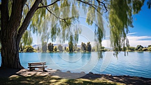 Beautiful lake with weeping willow trees and sunlight