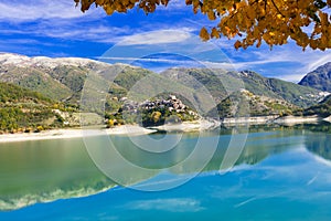 Beautiful lakes of Italy - Turano and medieval village Castel di Tora, Rieti province photo