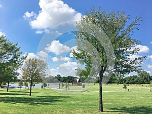 Beautiful lakeside park with community pavilion in Coppell, Texas, USA