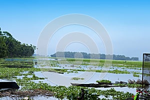 A beautiful lakeside view with clouds reflected in the surface and a fishing boat