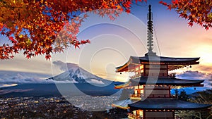 Beautiful landmark of Fuji mountain and Chureito Pagoda in autumn, Japan