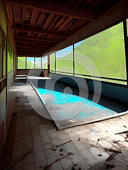 beautiful landscape with a abandoned pool in the park with abandoned building, Ai Generated
