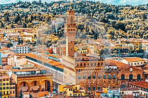 Beautiful landscape above- Palace Vecchio Palazzo Vecchio in Piazza della Signoria, built in 1299-1314 ,one of the most famous