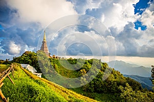 Beautiful landscape aerial view of Doi Inthanon in evening time with blue sky background buddhist stupa landmark