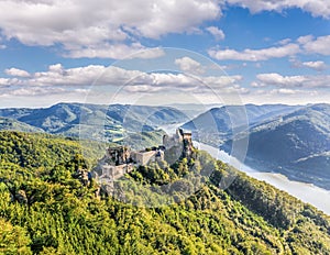 Beautiful landscape with Aggstein castle ruin and Danube river at sunset in Wachau walley, Lower Austria, Austria photo