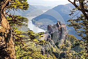 Beautiful landscape with Aggstein castle ruin and Danube river at sunset in Wachau walley, Lower Austria, Austria