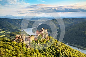 Beautiful landscape with Aggstein castle ruin and Danube river in Wachau, Austria