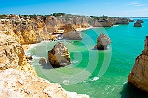 Beautiful landscape in Algarve Portugal. Coast of Atlantic Ocean, summertime holiday