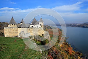 Beautiful landscape with ancient medieval fortress in Khotyn on