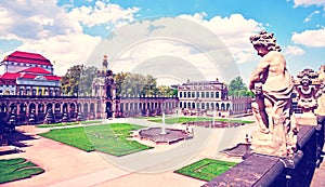 Beautiful landscape with ancient sculptures in the complex Zwinger in Dresden. Saxony, Germany