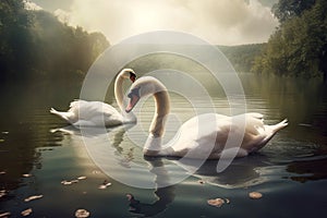 Beautiful landscape art with swans floating in the water from generative ai