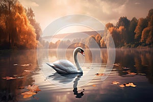 Beautiful landscape art with swans floating in the water from generative ai