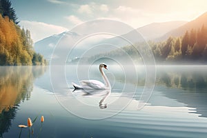 Beautiful landscape art with swans floating in the water from generative ai