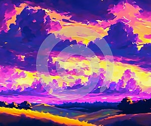 Beautiful Landscape Background Sky Clouds Sunset Oil Painting View Wallpaper Landscape Light Colours Purple Anime style Magic and