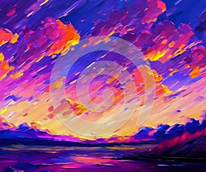 Beautiful Landscape Background Sky Clouds Sunset Oil Painting View Wallpaper Landscape Light Colours Purple Anime style Magic and