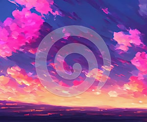 Beautiful Landscape Background Sky Clouds Sunset Oil Painting View Wallpaper Landscape Light Colours Purple Anime style Magic and