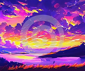 Beautiful Landscape Background Sky Clouds Sunset Oil Painting View Wallpaper Landscape Light Colours Purple Anime style Magic and